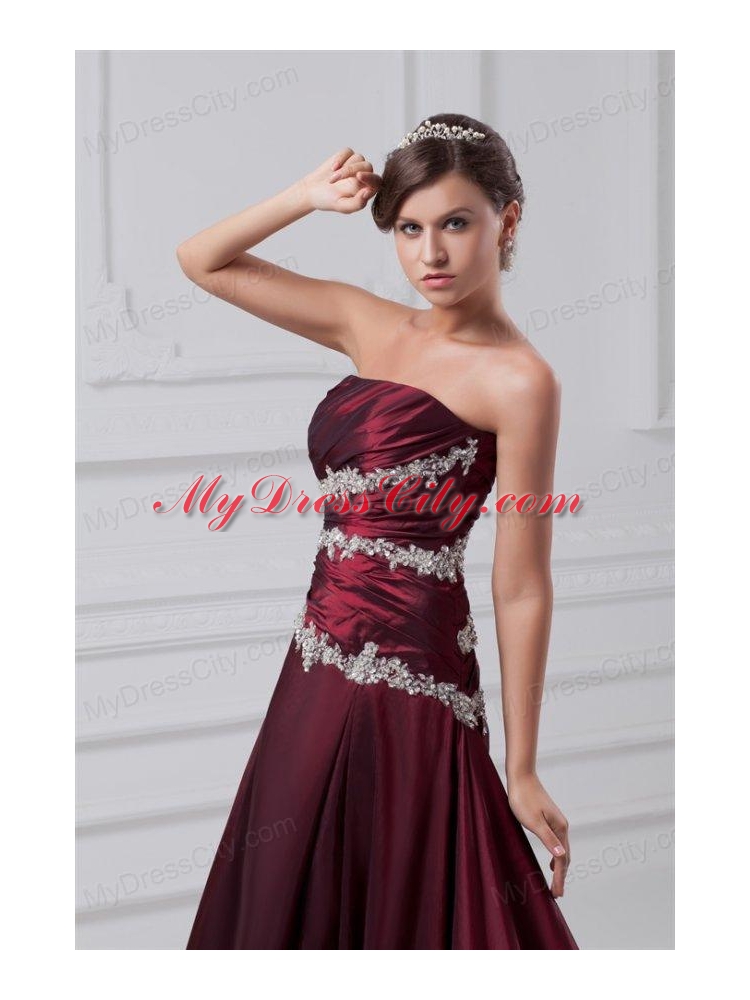 Burgundy A-line Prom Dress with Appliques Chapel Train