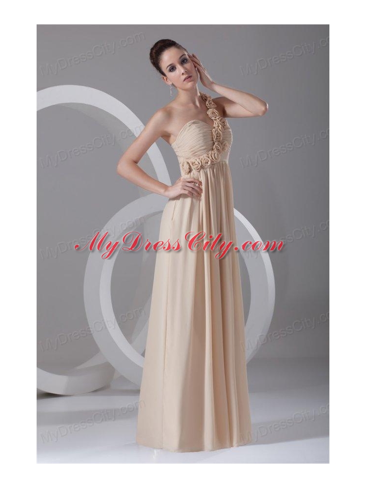 Champagne Empire One Shoulder Chiffon Hand Made Flowers Prom Dress