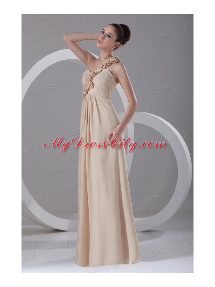 Champagne Empire One Shoulder Chiffon Hand Made Flowers Prom Dress