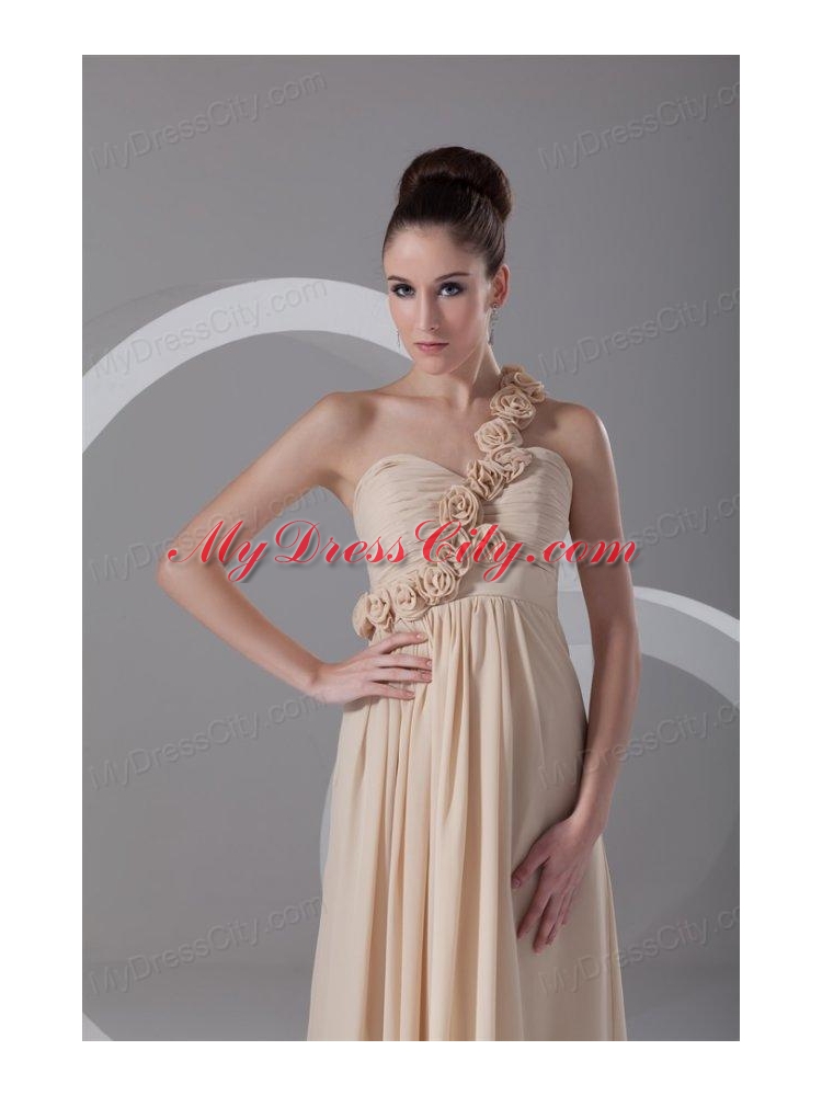 Champagne Empire One Shoulder Chiffon Hand Made Flowers Prom Dress