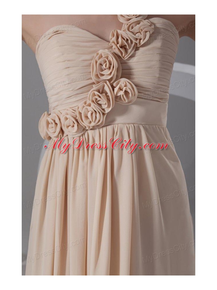 Champagne Empire One Shoulder Chiffon Hand Made Flowers Prom Dress