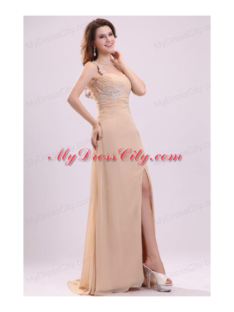 Champagne High Slit One Shoulder Prom Dress with Appliques and Beading