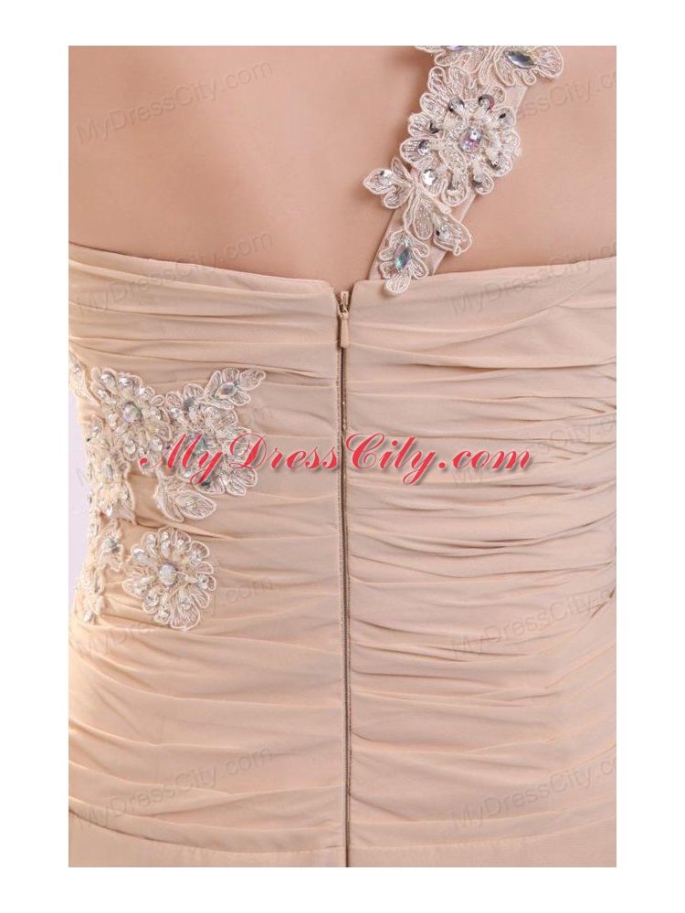 Champagne High Slit One Shoulder Prom Dress with Appliques and Beading