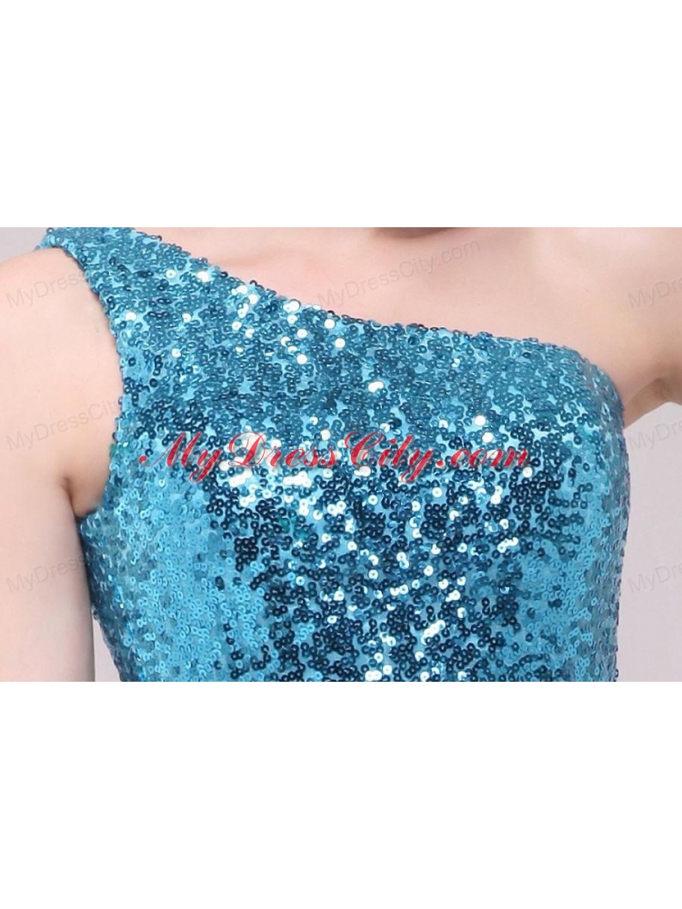 Column Blue One Shoulder Sequin Mini-length Prom Dress