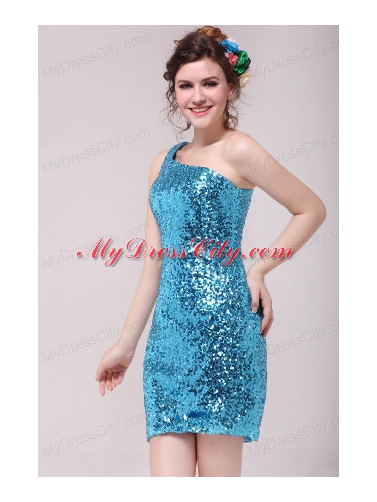 Column Blue One Shoulder Sequin Mini-length Prom Dress