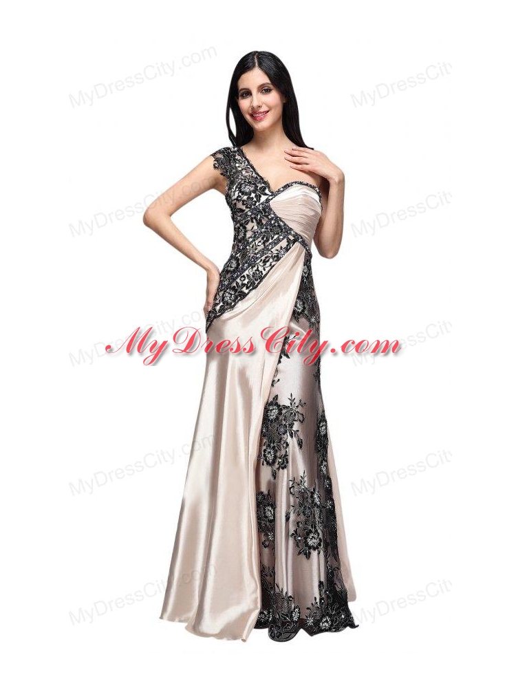 Column One Shoulder Lace Champagne Ruching Long Prom Dress