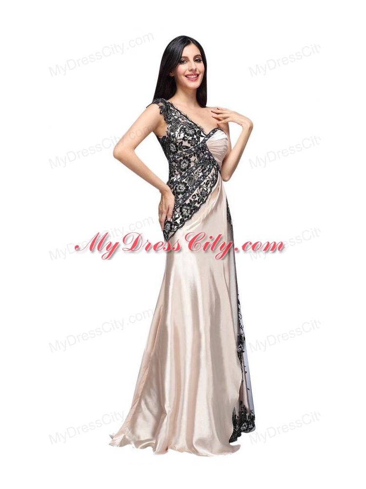 Column One Shoulder Lace Champagne Ruching Long Prom Dress