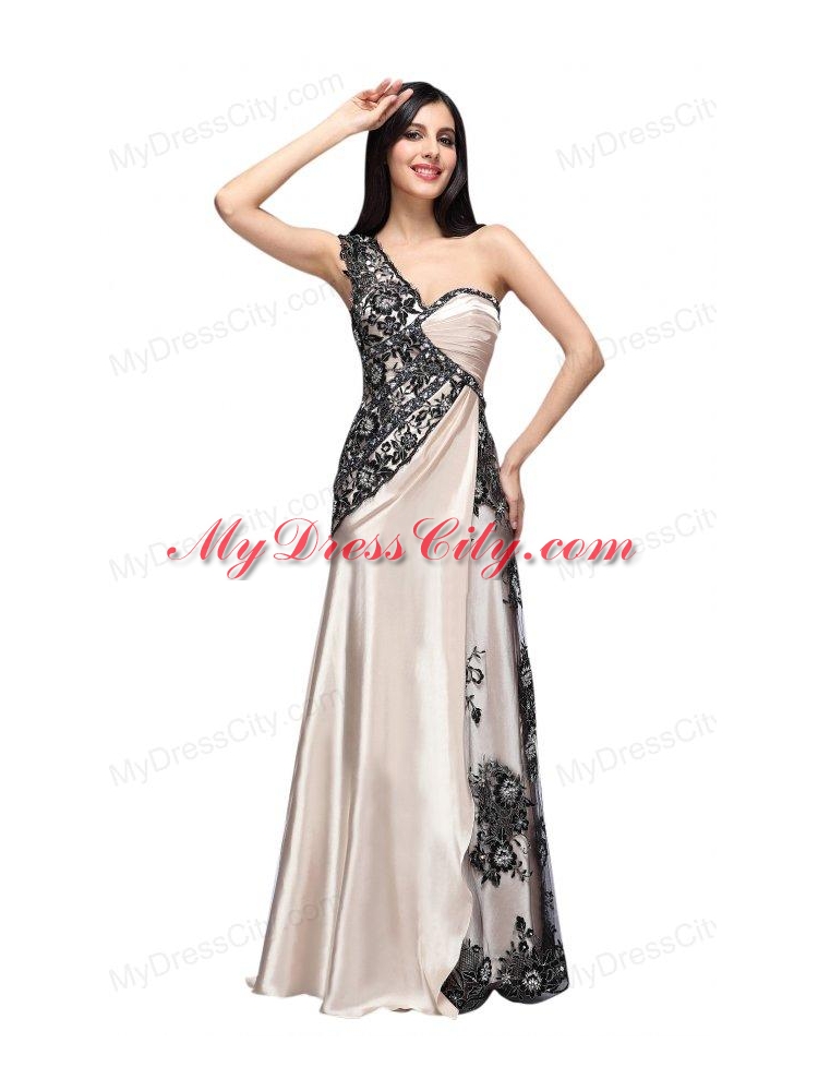 Column One Shoulder Lace Champagne Ruching Long Prom Dress