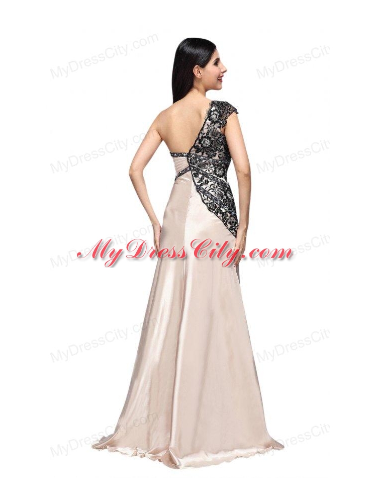 Column One Shoulder Lace Champagne Ruching Long Prom Dress