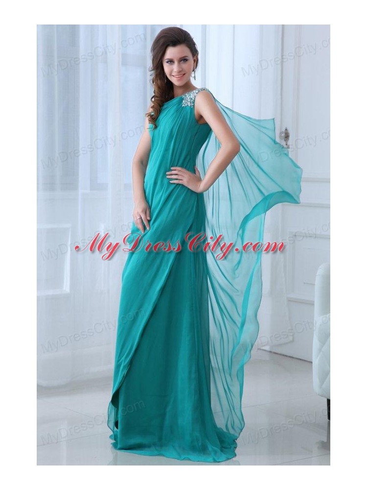 Column Turquoise One Shoulder Beading and Ruching Prom Dress