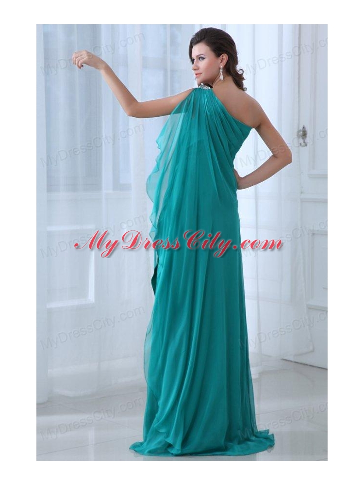 Column Turquoise One Shoulder Beading and Ruching Prom Dress