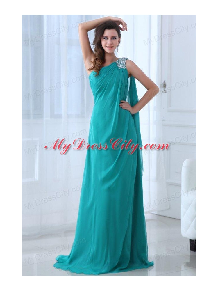 Column Turquoise One Shoulder Beading and Ruching Prom Dress