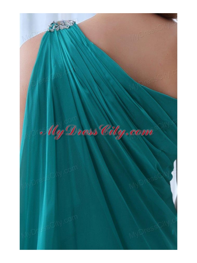 Column Turquoise One Shoulder Beading and Ruching Prom Dress