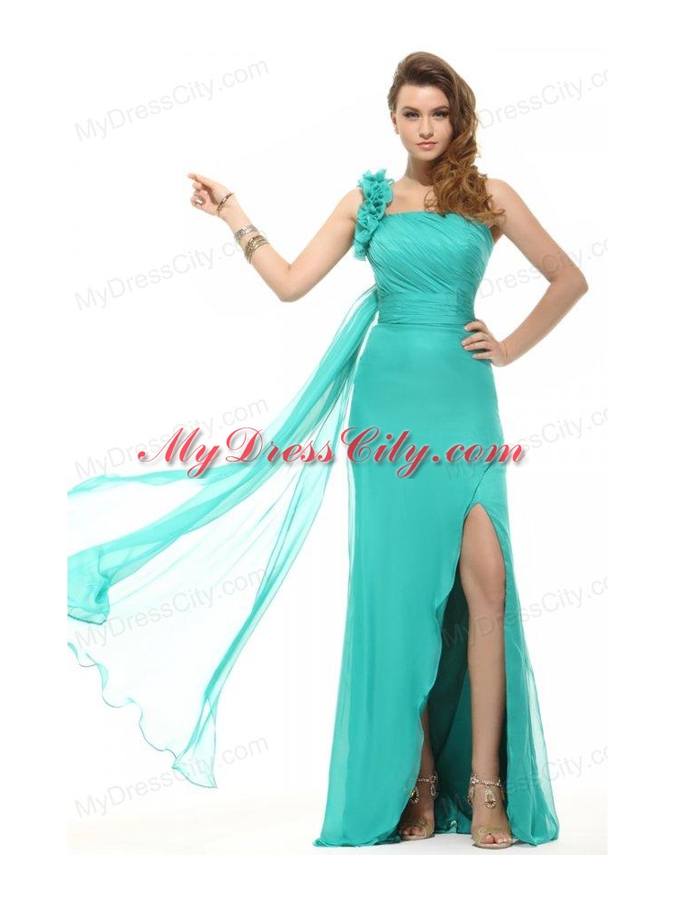 Column Turquoise One Shoulder Chiffon Watteau Train Ruching Prom Dress