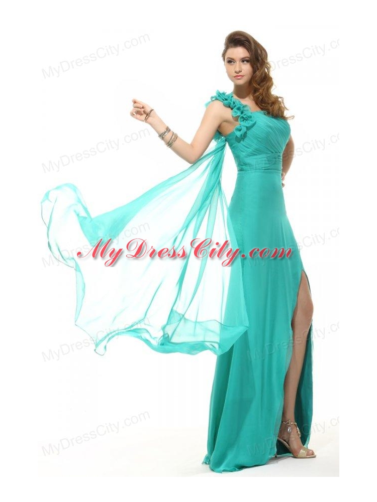 Column Turquoise One Shoulder Chiffon Watteau Train Ruching Prom Dress