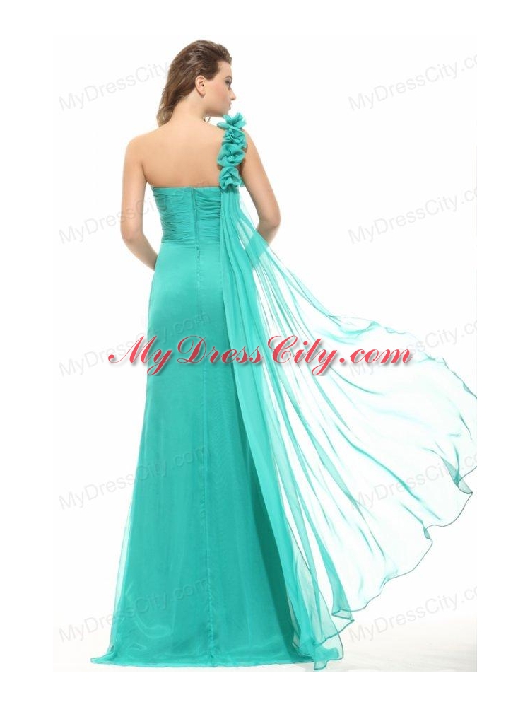 Column Turquoise One Shoulder Chiffon Watteau Train Ruching Prom Dress