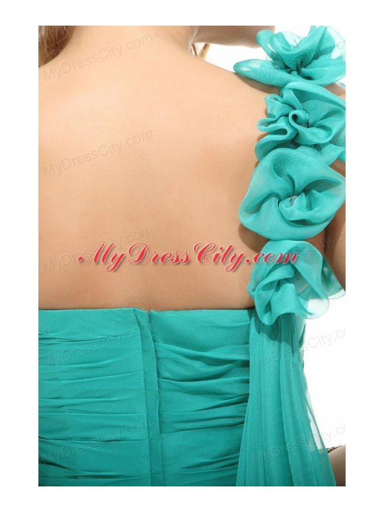 Column Turquoise One Shoulder Chiffon Watteau Train Ruching Prom Dress