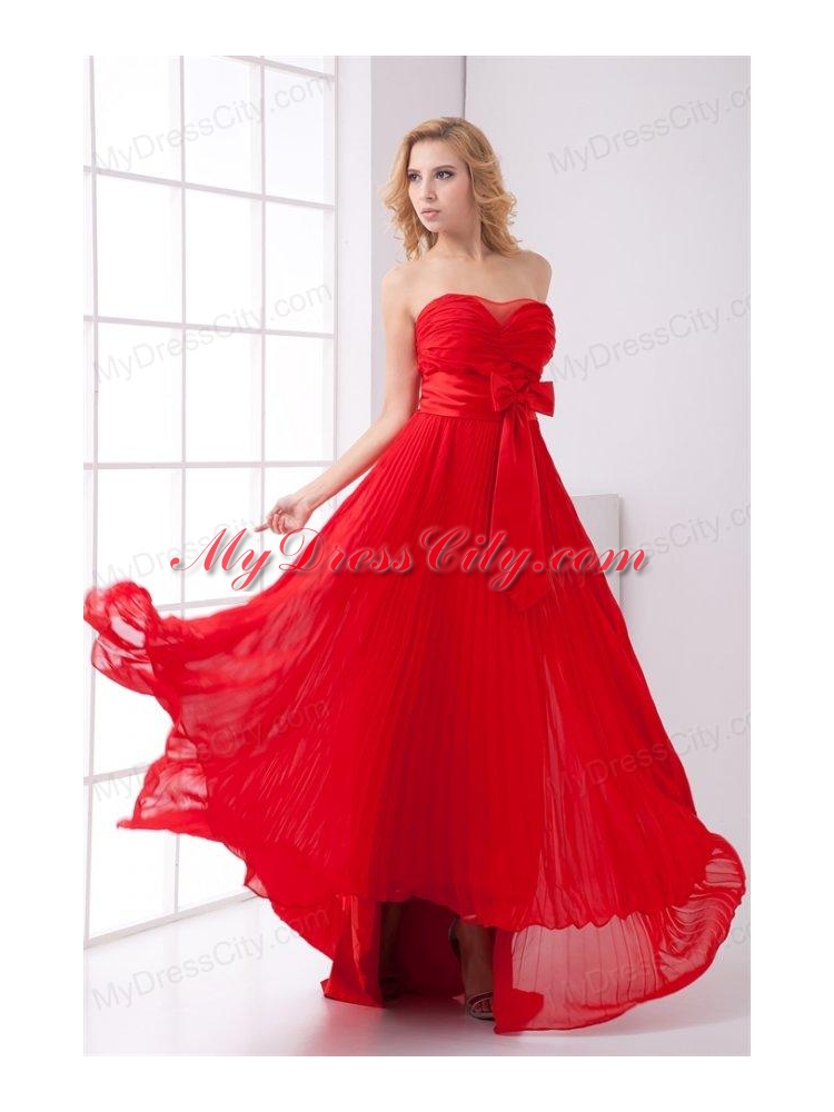 Elegant Strapless Red Empire Pleat Chiffon Prom Dress with Bowknot