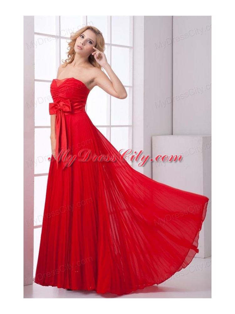 Elegant Strapless Red Empire Pleat Chiffon Prom Dress with Bowknot