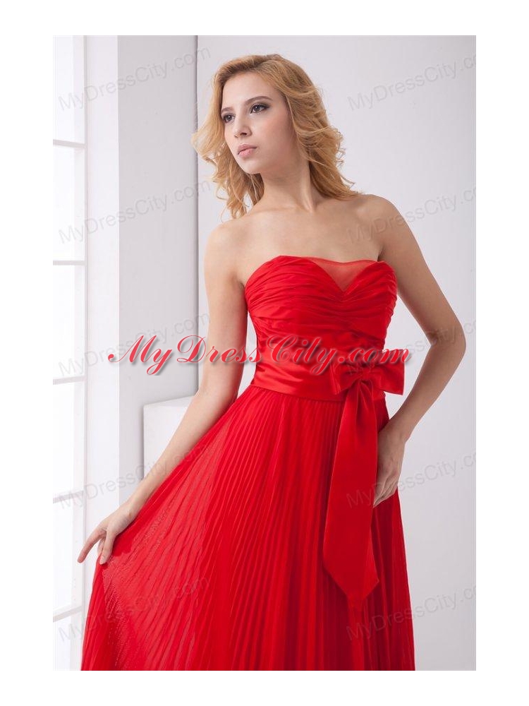 Elegant Strapless Red Empire Pleat Chiffon Prom Dress with Bowknot