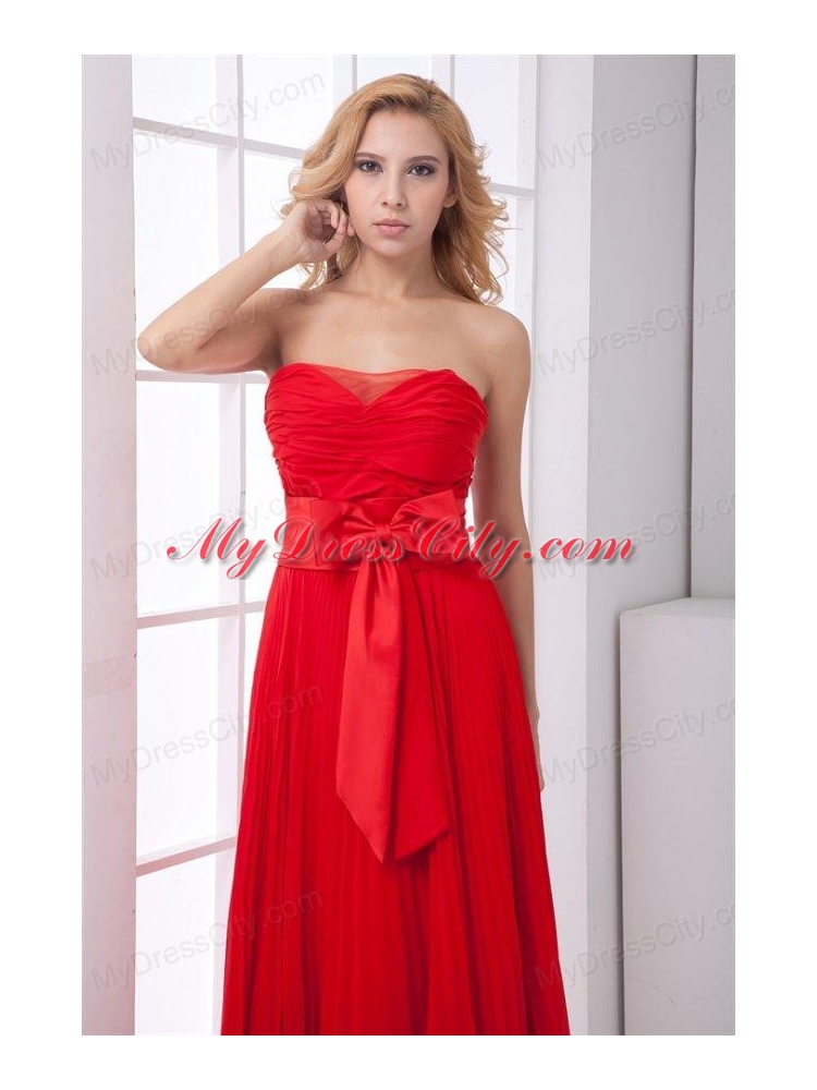 Elegant Strapless Red Empire Pleat Chiffon Prom Dress with Bowknot