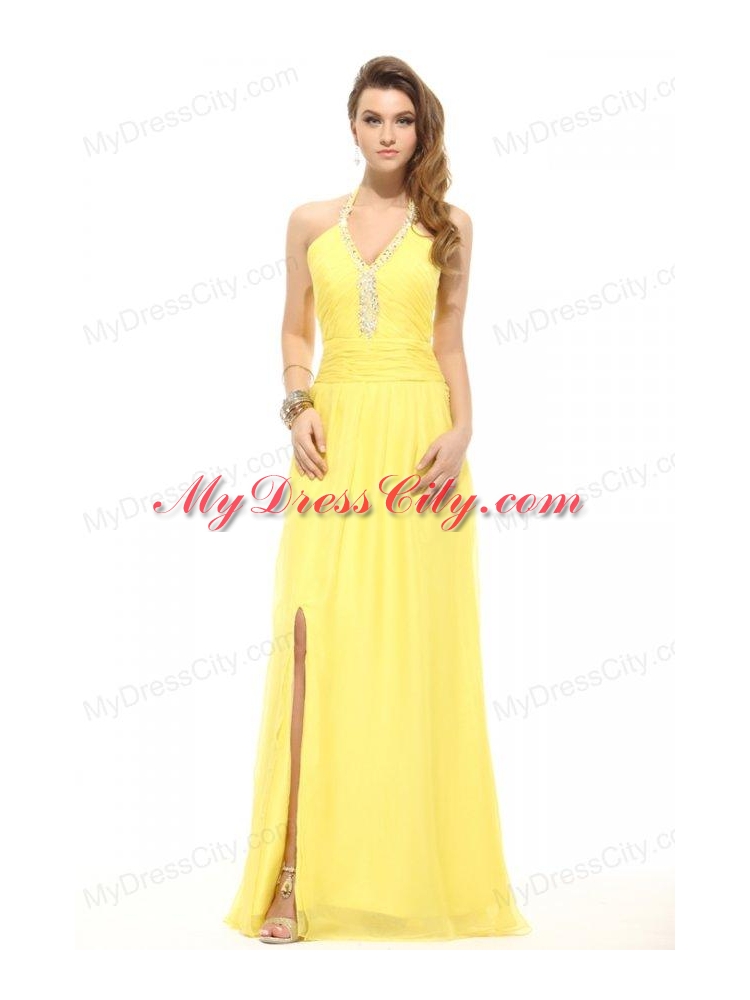 Empire Light Yellow Halter Top High Slit Beading Chiffon Prom Dress