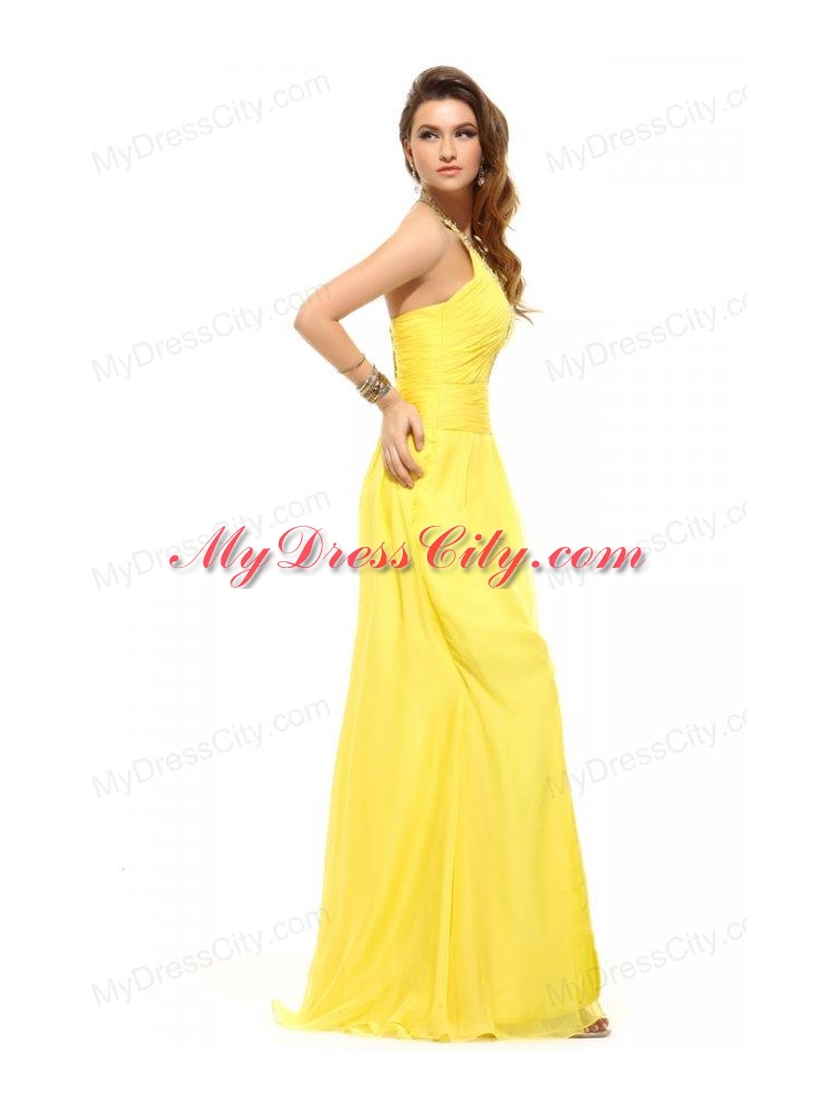 Empire Light Yellow Halter Top High Slit Beading Chiffon Prom Dress