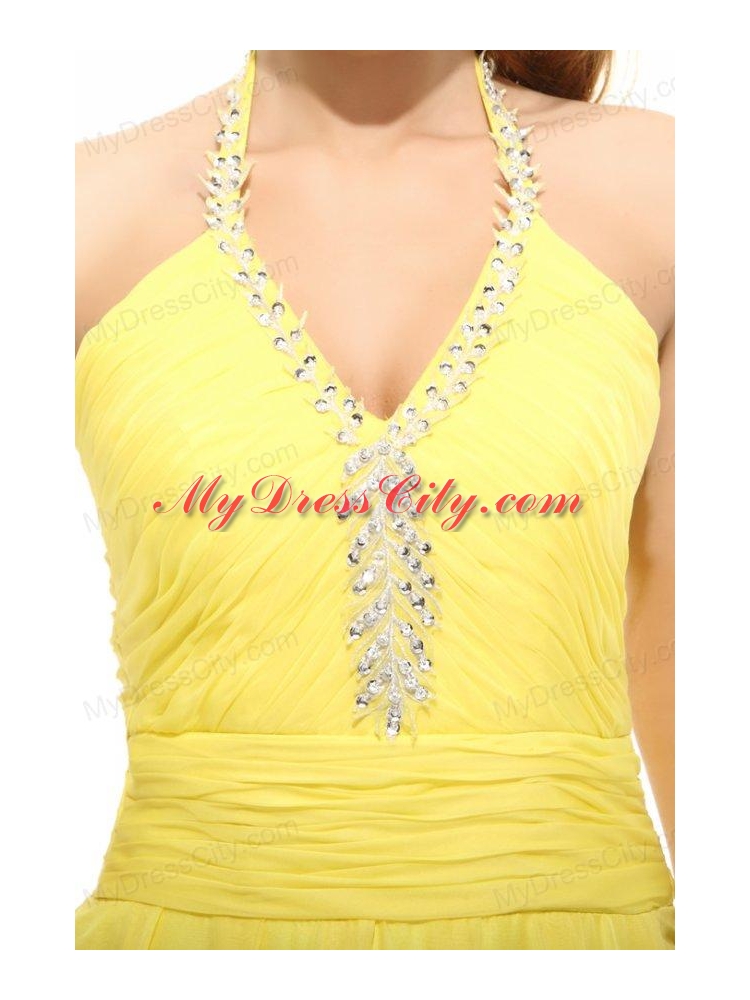 Empire Light Yellow Halter Top High Slit Beading Chiffon Prom Dress