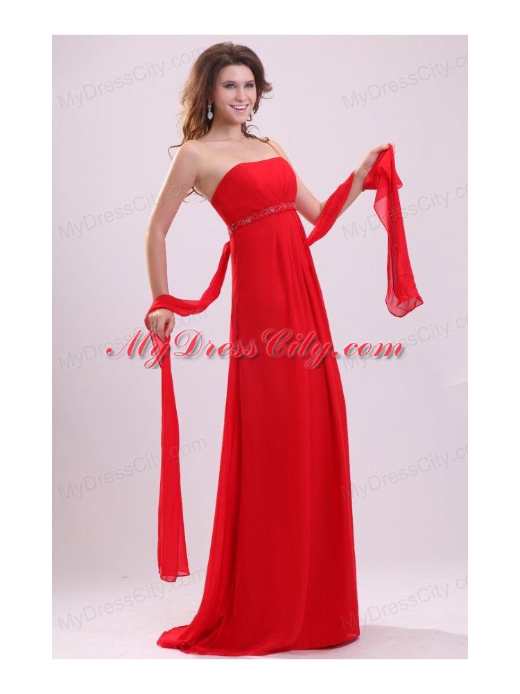 Empire Red Strapless Beading and Ruching Chiffon Prom Dress