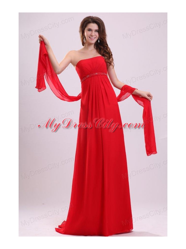 Empire Red Strapless Beading and Ruching Chiffon Prom Dress