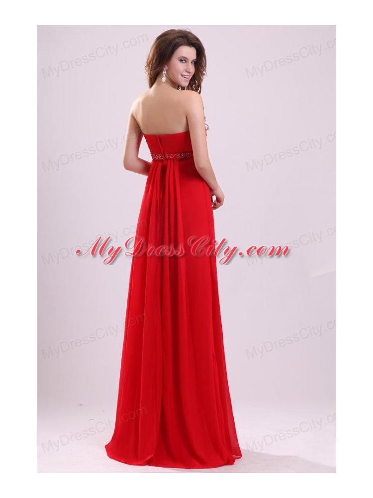 Empire Red Strapless Beading and Ruching Chiffon Prom Dress