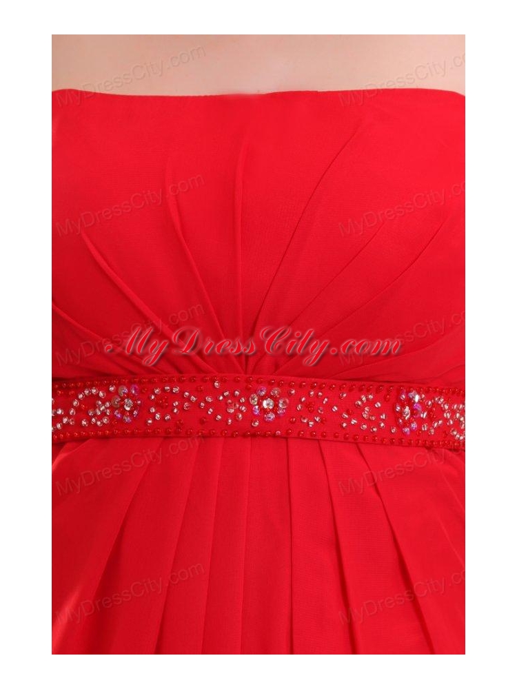 Empire Red Strapless Beading and Ruching Chiffon Prom Dress