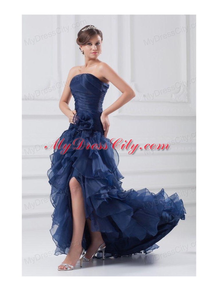 Navy Blue Strapless A-line Ruffles High-low Organza Prom Dress