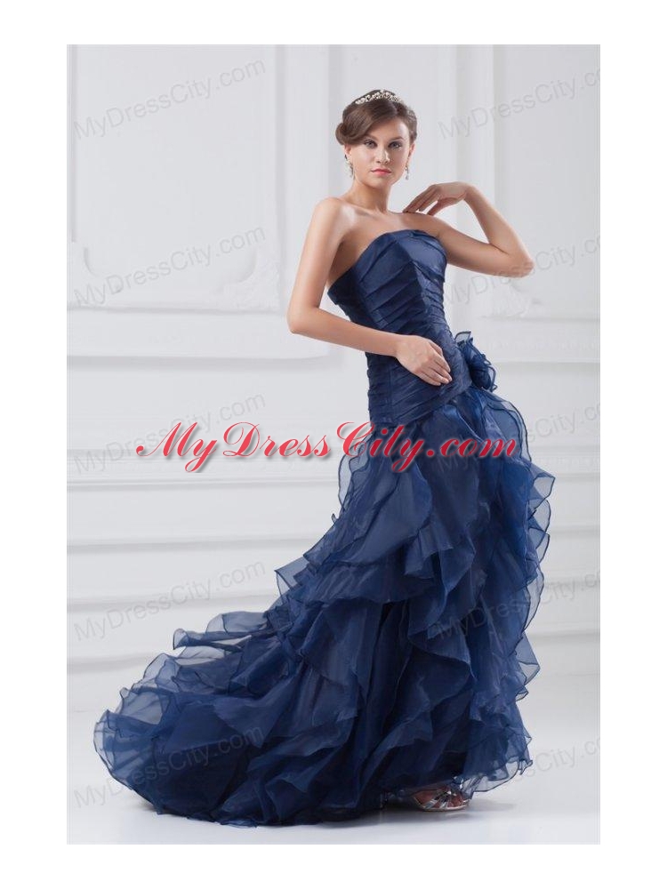 Navy Blue Strapless A-line Ruffles High-low Organza Prom Dress