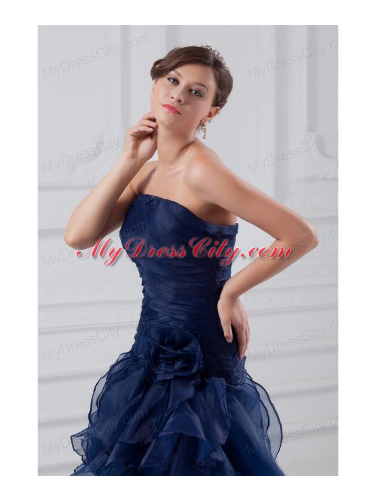 Navy Blue Strapless A-line Ruffles High-low Organza Prom Dress