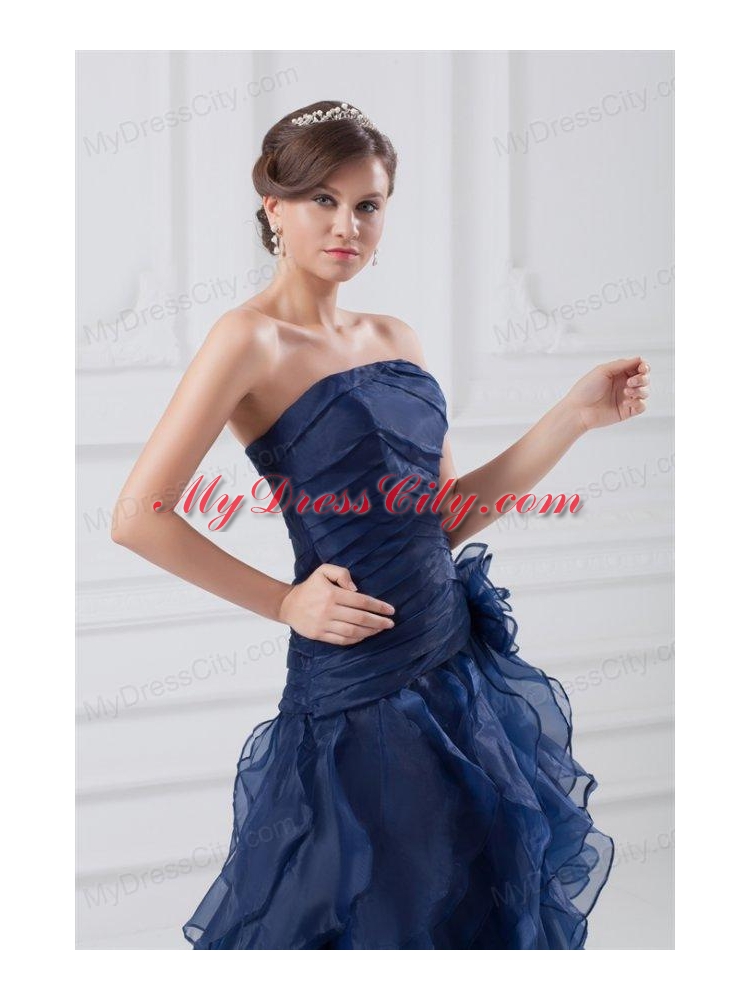 Navy Blue Strapless A-line Ruffles High-low Organza Prom Dress