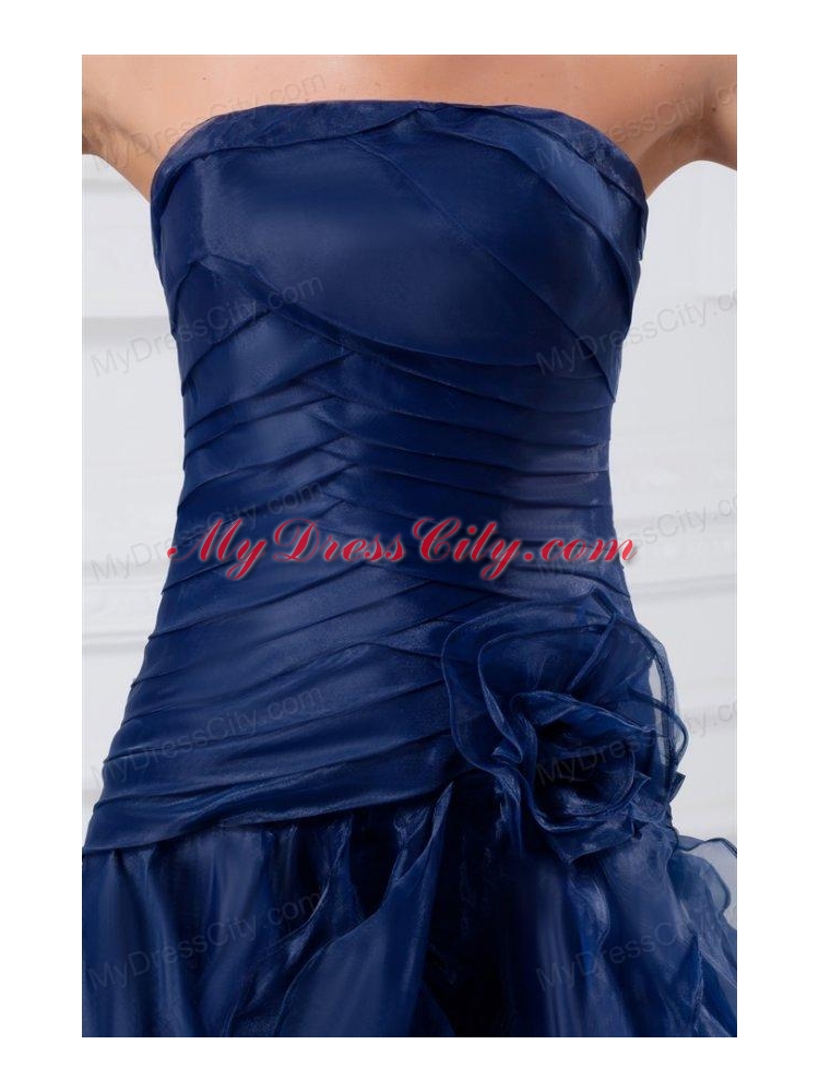 Navy Blue Strapless A-line Ruffles High-low Organza Prom Dress