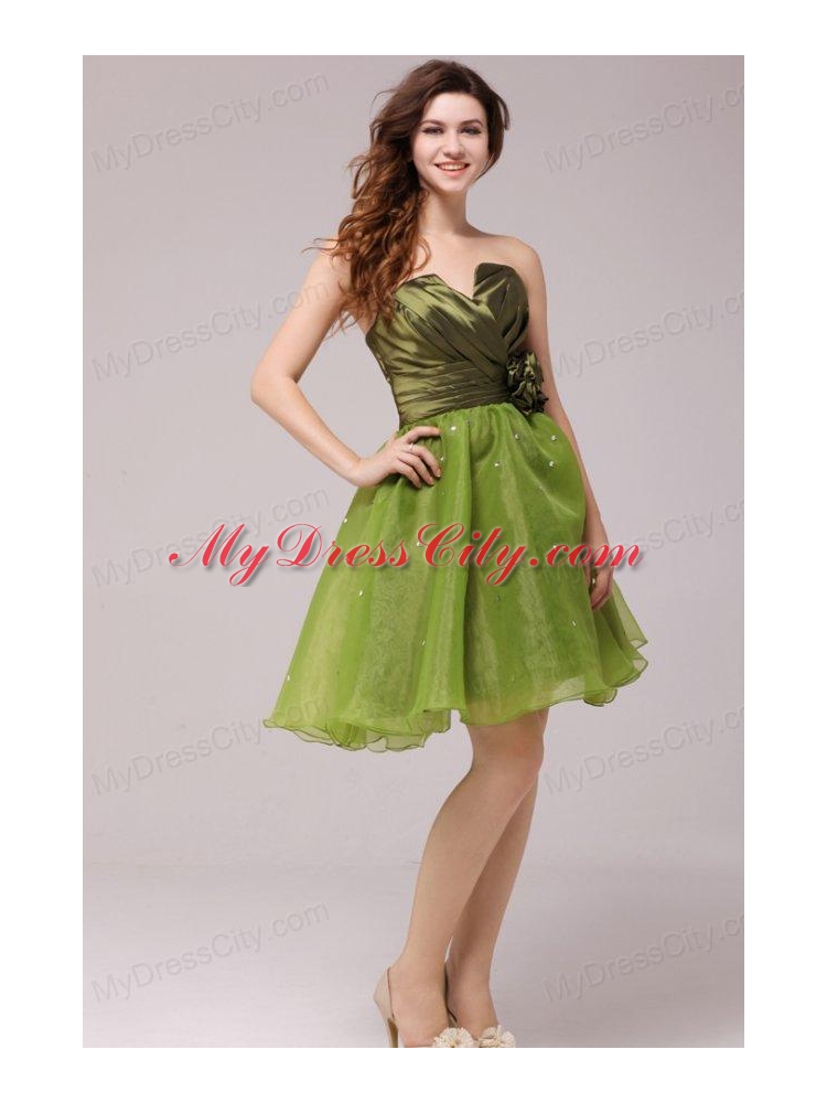 Olive Green V-neck Ruching and Hand Made Flower Prom Dress