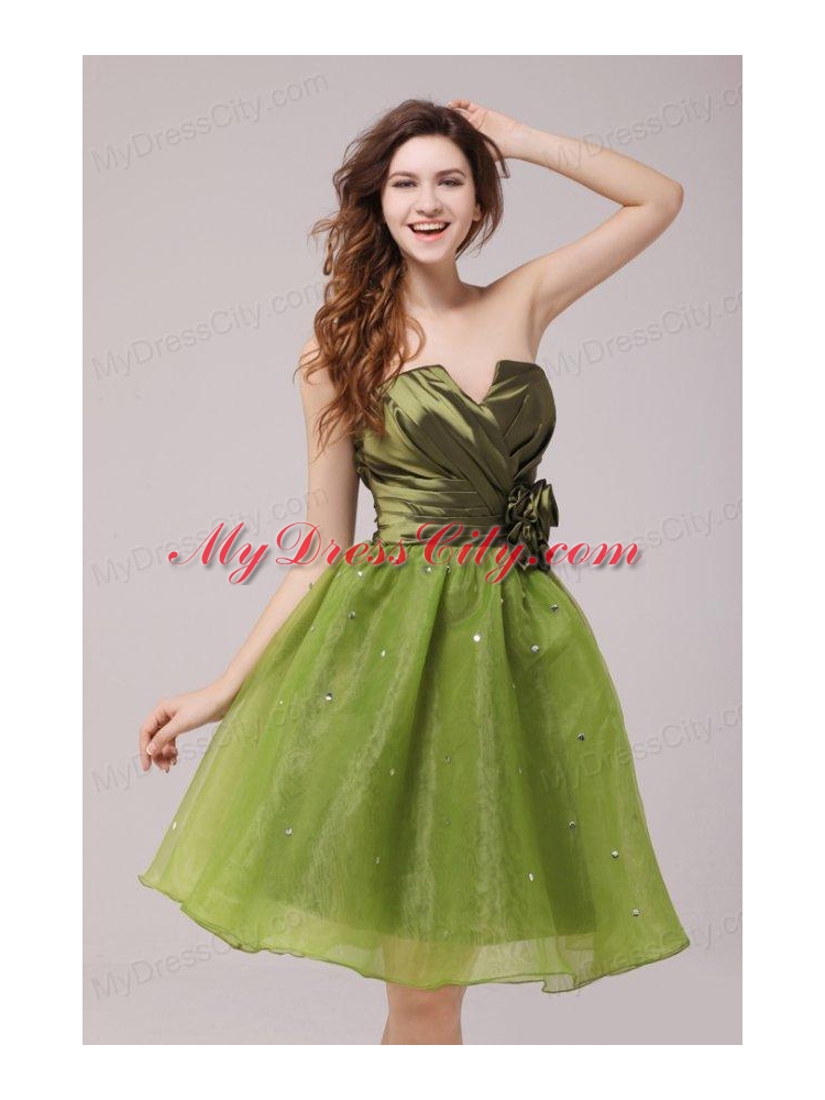 Olive Green V-neck Ruching and Hand Made Flower Prom Dress