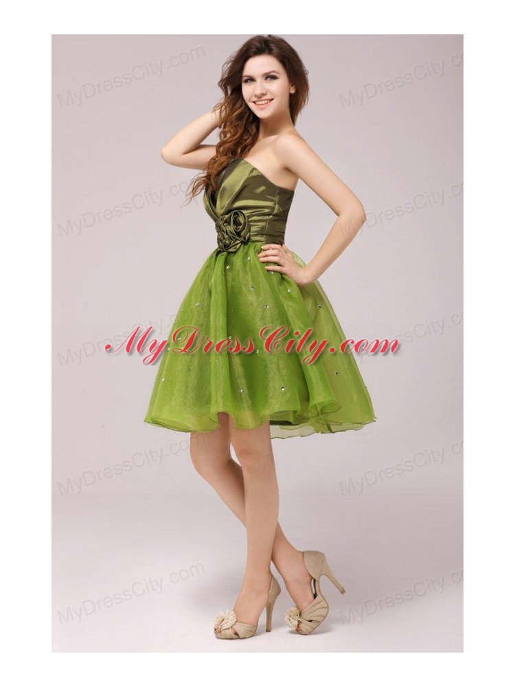 Olive Green V-neck Ruching and Hand Made Flower Prom Dress