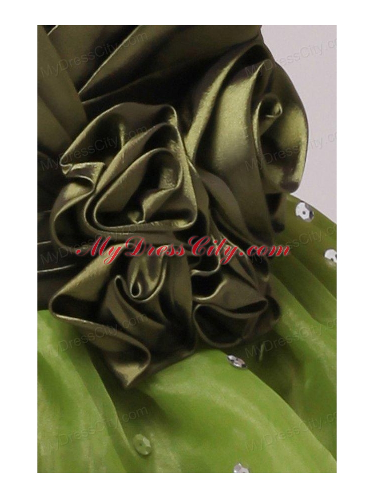 Olive Green V-neck Ruching and Hand Made Flower Prom Dress