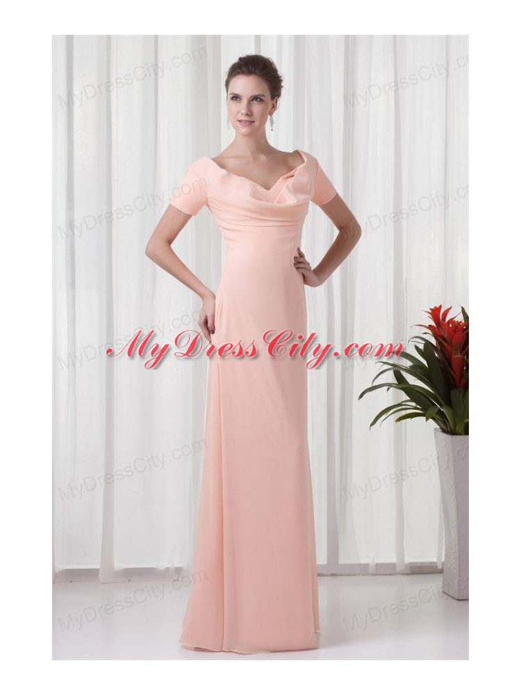 Pink Column V-neck Short Sleeves Ruching Chiffon Prom Dress