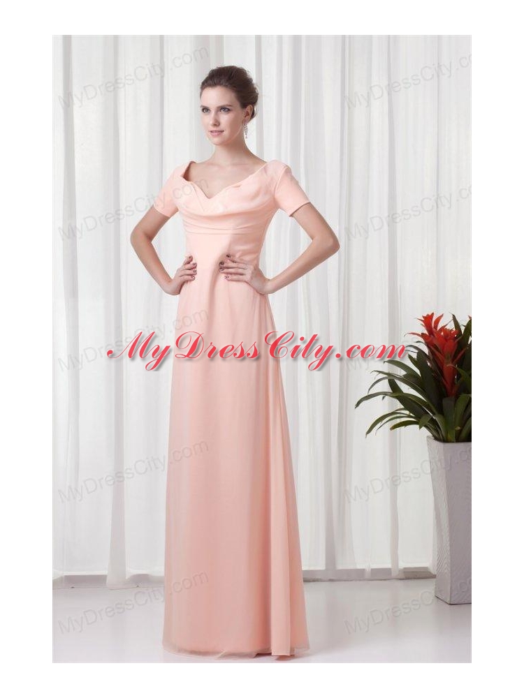 Pink Column V-neck Short Sleeves Ruching Chiffon Prom Dress