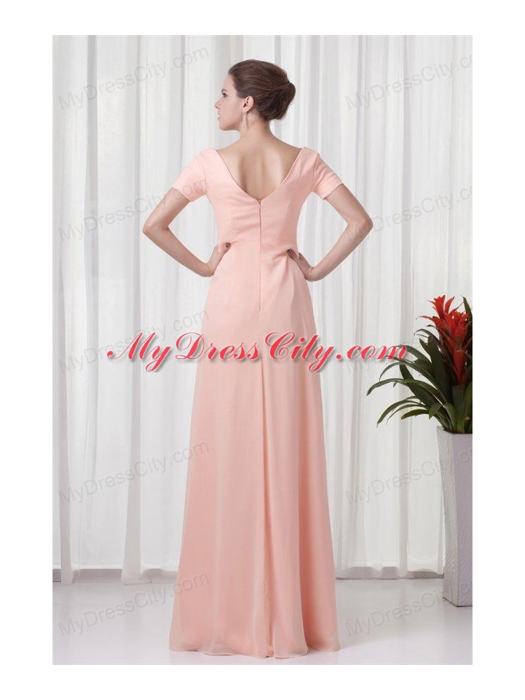 Pink Column V-neck Short Sleeves Ruching Chiffon Prom Dress