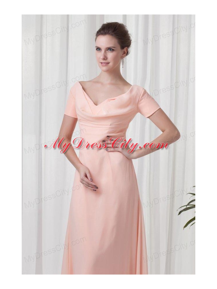 Pink Column V-neck Short Sleeves Ruching Chiffon Prom Dress