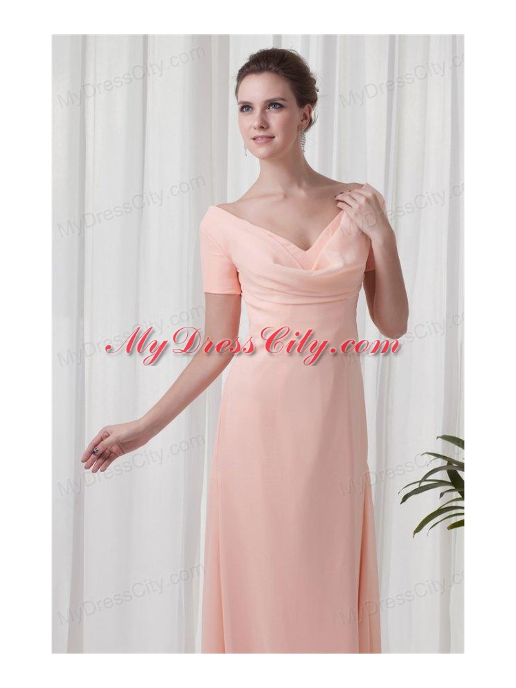 Pink Column V-neck Short Sleeves Ruching Chiffon Prom Dress