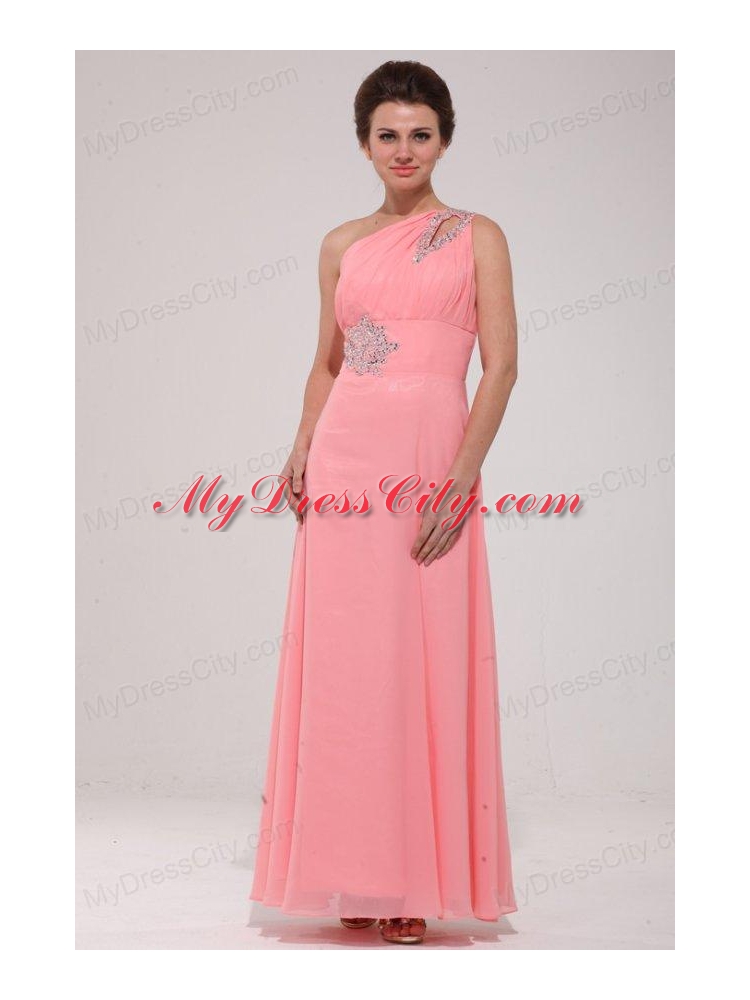 Pink Red One Shoulder Prom Dress with Beading