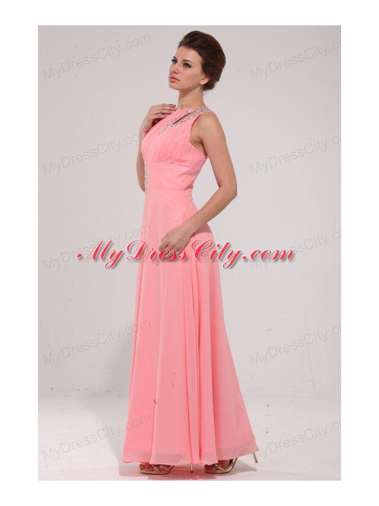 Pink Red One Shoulder Prom Dress with Beading