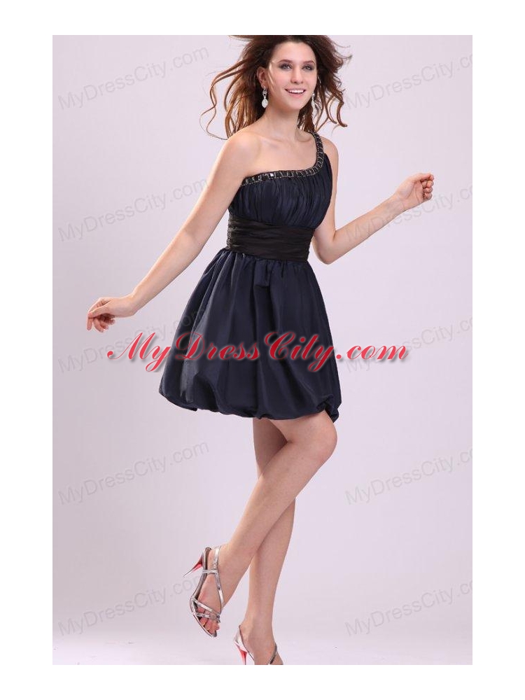 Simple A-line One Shoulder Navy Blue Mini-length Prom Dress with Beading