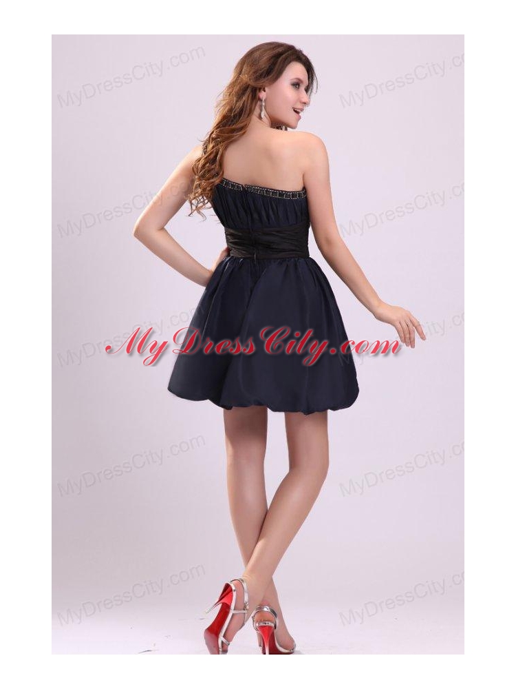 Simple A-line One Shoulder Navy Blue Mini-length Prom Dress with Beading